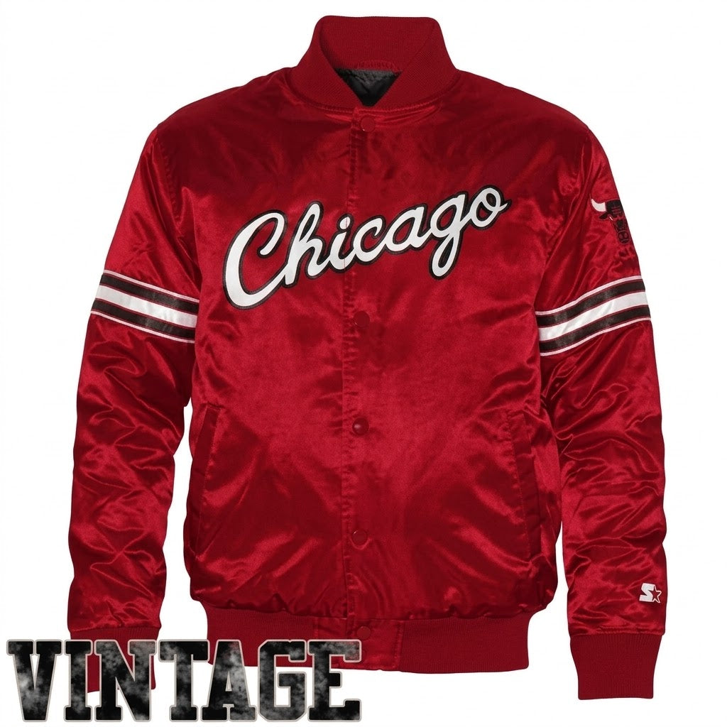 # Vintage Chicago Red Satin Bomber Jacket – Classic Letterman Style