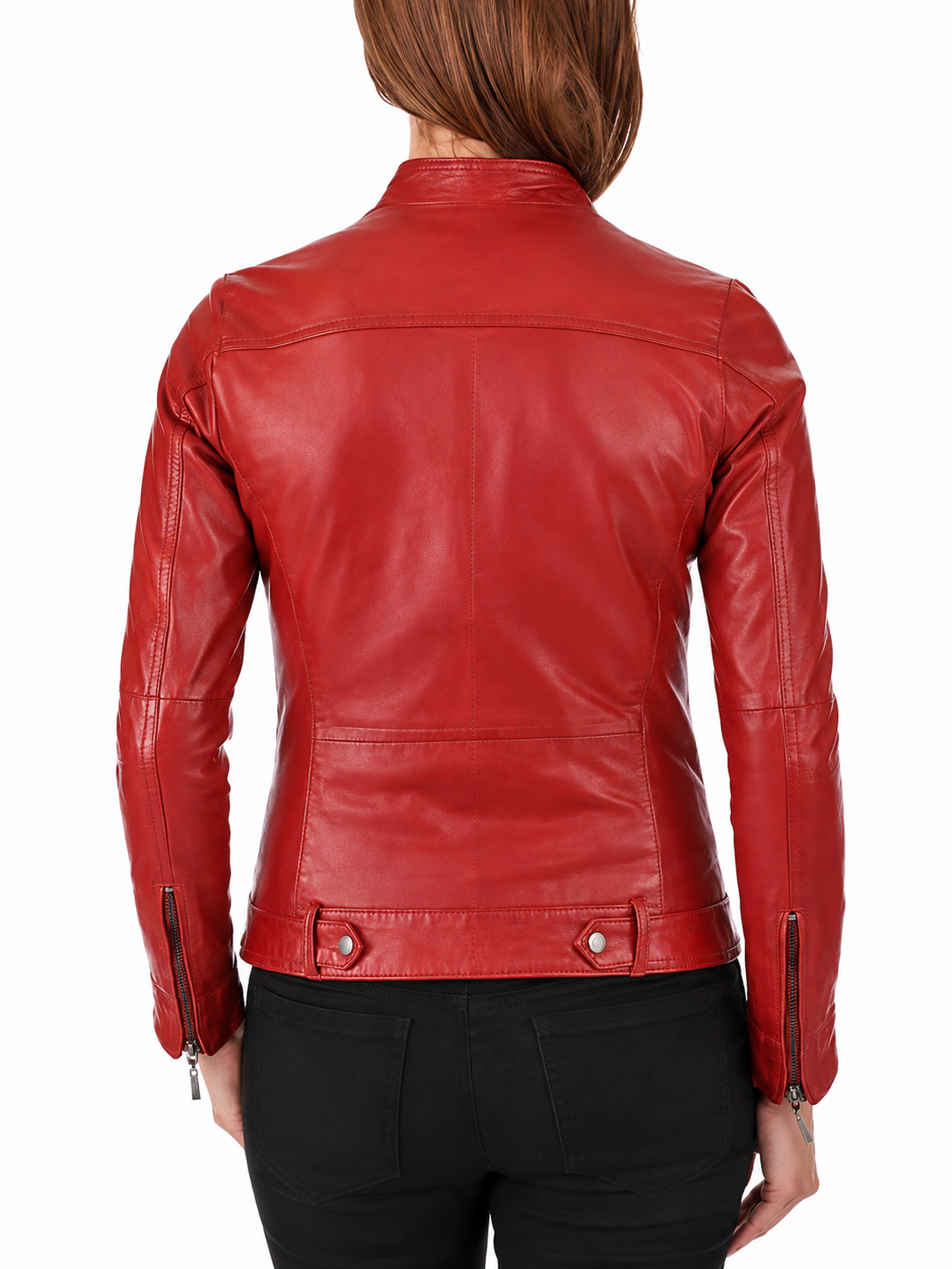 **Women’s Red Leather Moto Jacket – Stylish Slim Fit Biker Jacket with Zip Cuffs**
