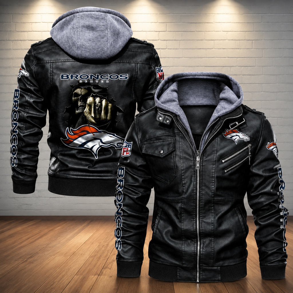 Denver Broncos Hooded Faux Leather Jacket Black Full Zip NFL Fan Motorcycle Biker Coat**