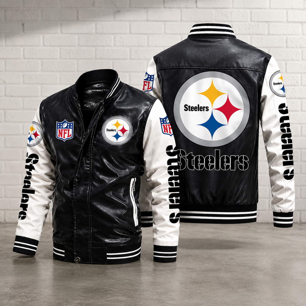 Pittsburgh Steelers Black & White Leather Varsity Jacket NFL Style