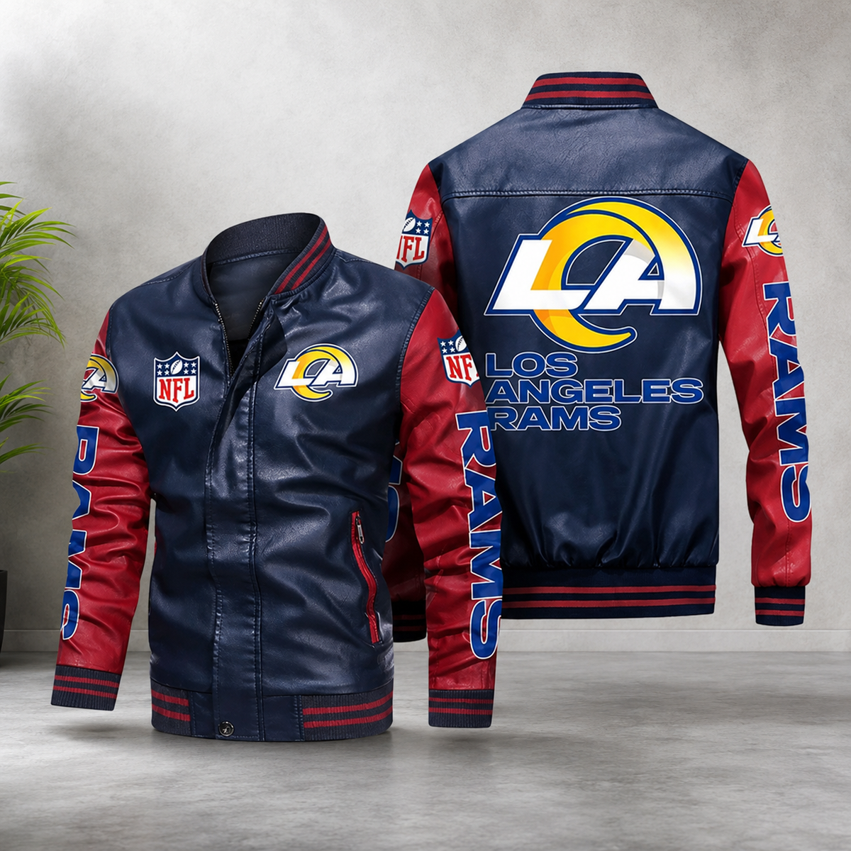 Los Angeles Rams NFL Varsity Leather Jacket – Men’s Blue & Red Team Bomber Jacket