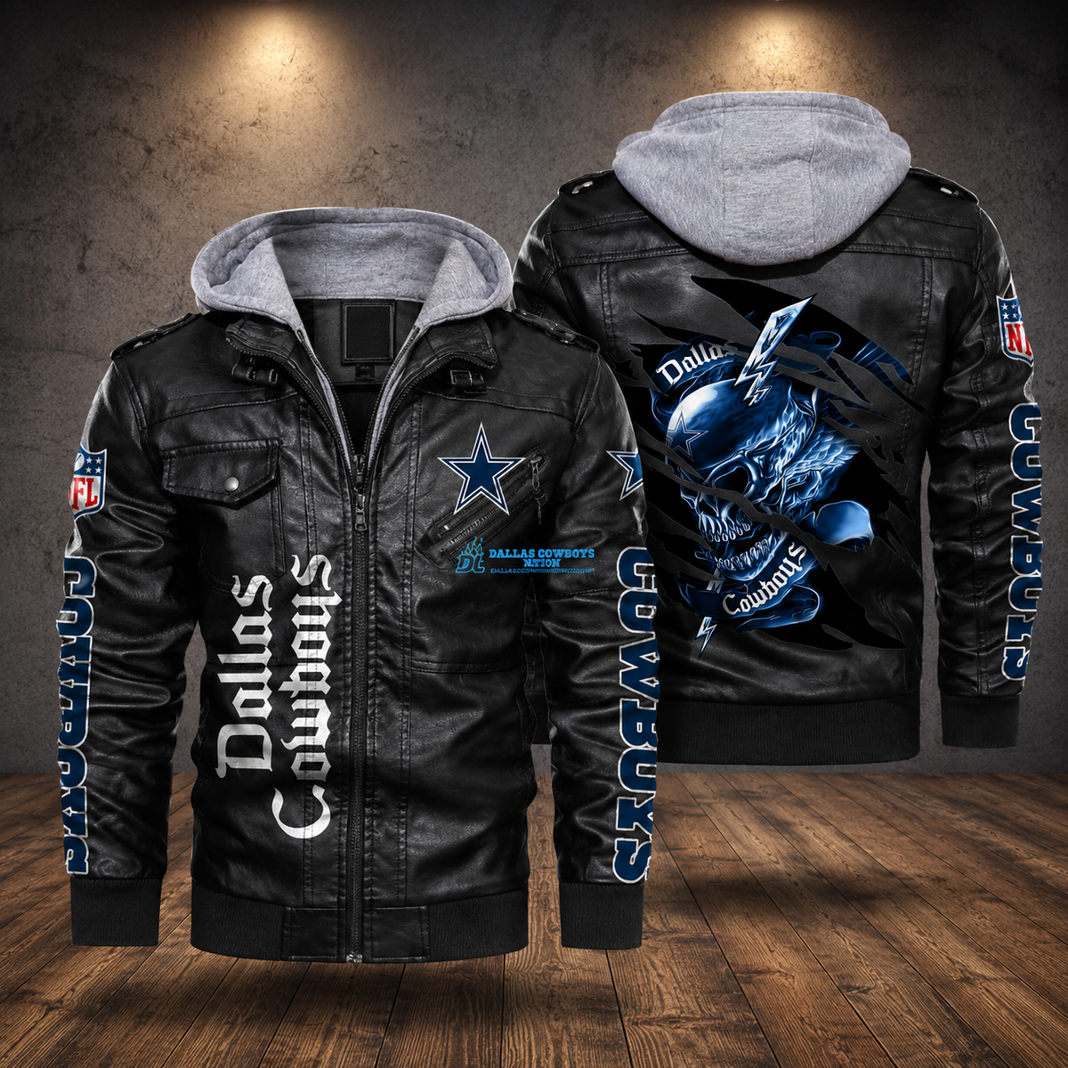 Dallas Cowboys Black Leather Jacket with Gray Hoodie – Men’s Motorcycle Style Jacket