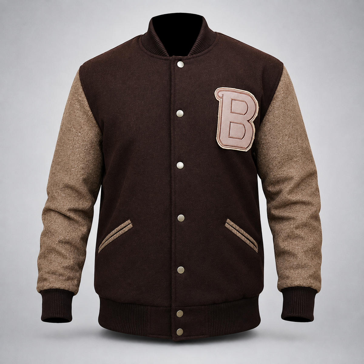**Title:** Brown & Tan Varsity Letterman Jacket with Classic “B” Patch, Ribbed Trim & Snap Closure