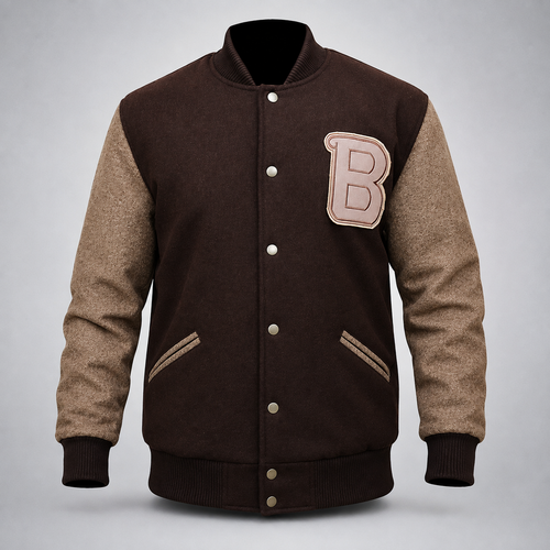**Title:** Brown & Tan Varsity Letterman Jacket with Classic “B” Patch, Ribbed Trim & Snap Closure