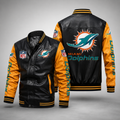 **Title:** Men's Black and Gold Miami Dolphins Leather Varsity Bomber Jacket