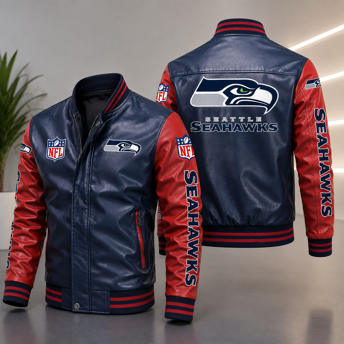 Seattle Seahawks Navy & Red Leather Varsity Jacket Men’s NFL Team Bomber Jacket**