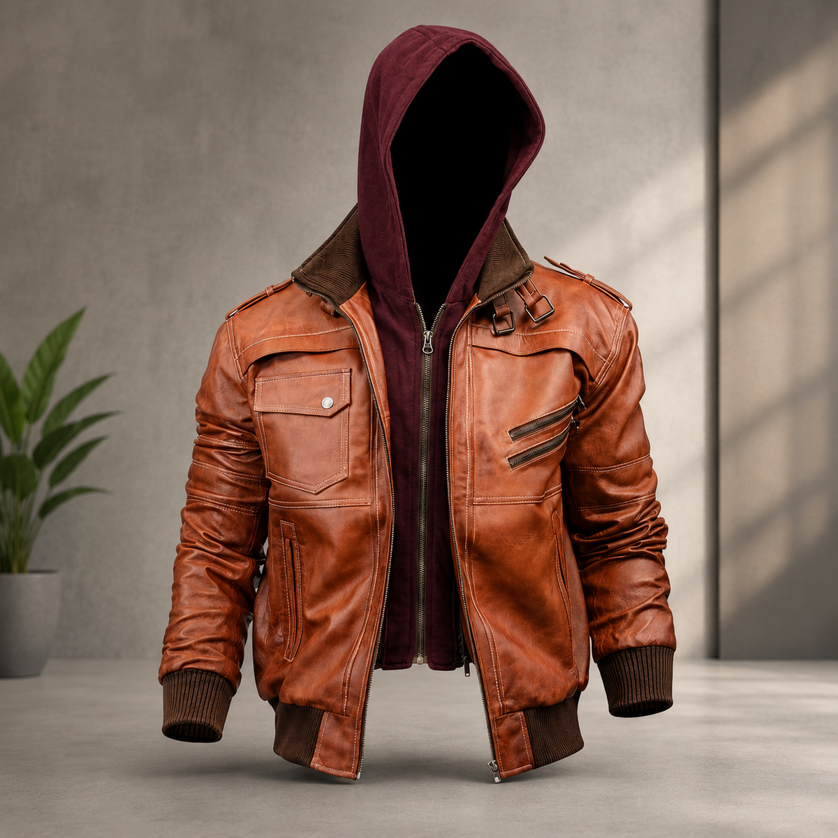 # Vintage Brown Leather Hooded Jacket  I can also create a few alternative title options for this jacket.
