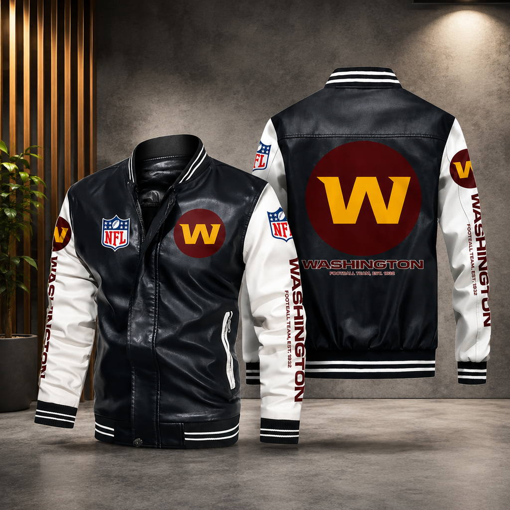 Washington Commanders Black & White Leather Varsity Jacket – Men’s NFL Football Bomber Jacket