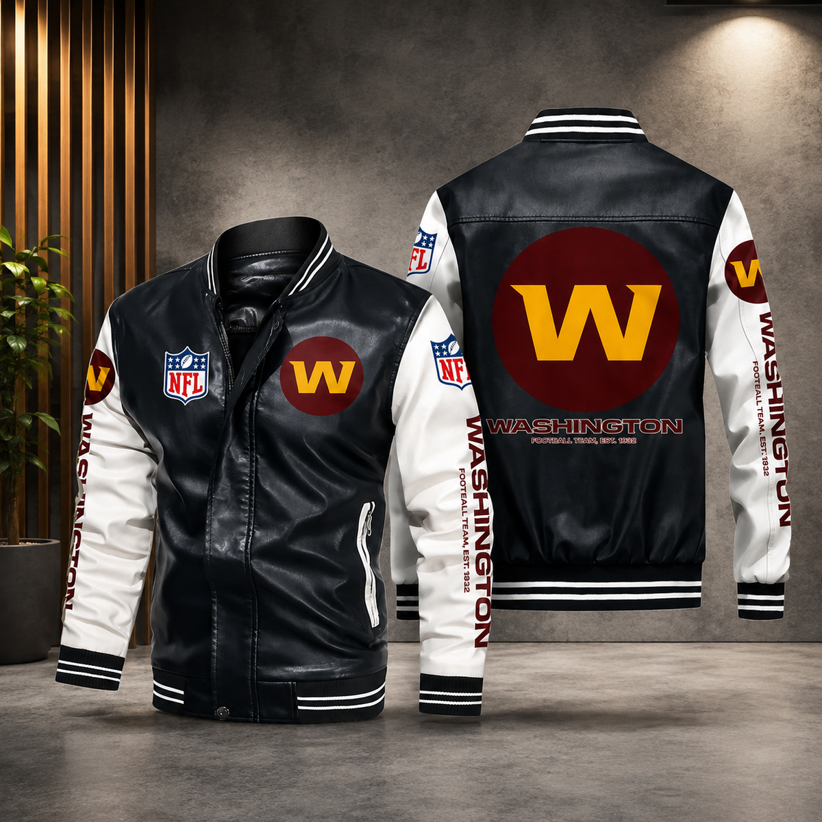 Washington Commanders Black & White Leather Varsity Jacket – Men’s NFL Football Bomber Jacket