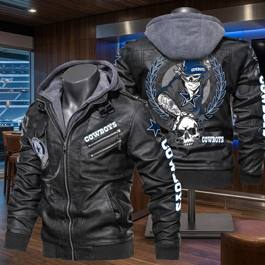 Dallas Cowboys Men's Hooded Faux Leather Jacket - Skull Graphic Biker Style Streetwear