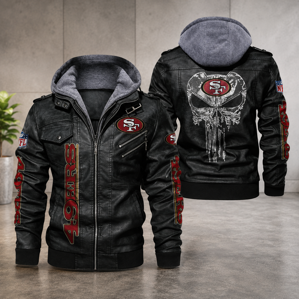 San Francisco 49ers Black Leather Hooded Jacket Men’s NFL Team Bomber Jacket**