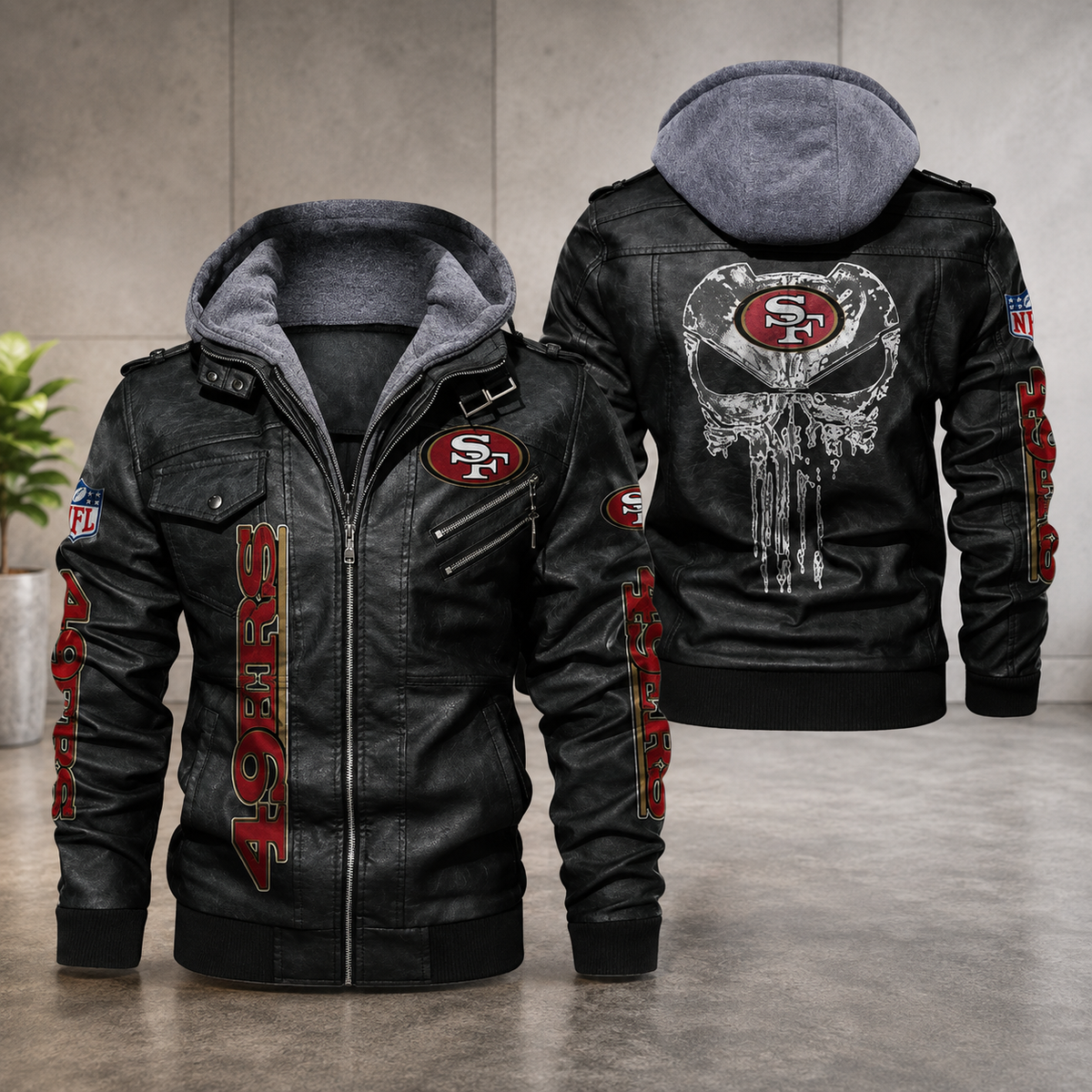 San Francisco 49ers Black Leather Hooded Jacket Men’s NFL Team Bomber Jacket**