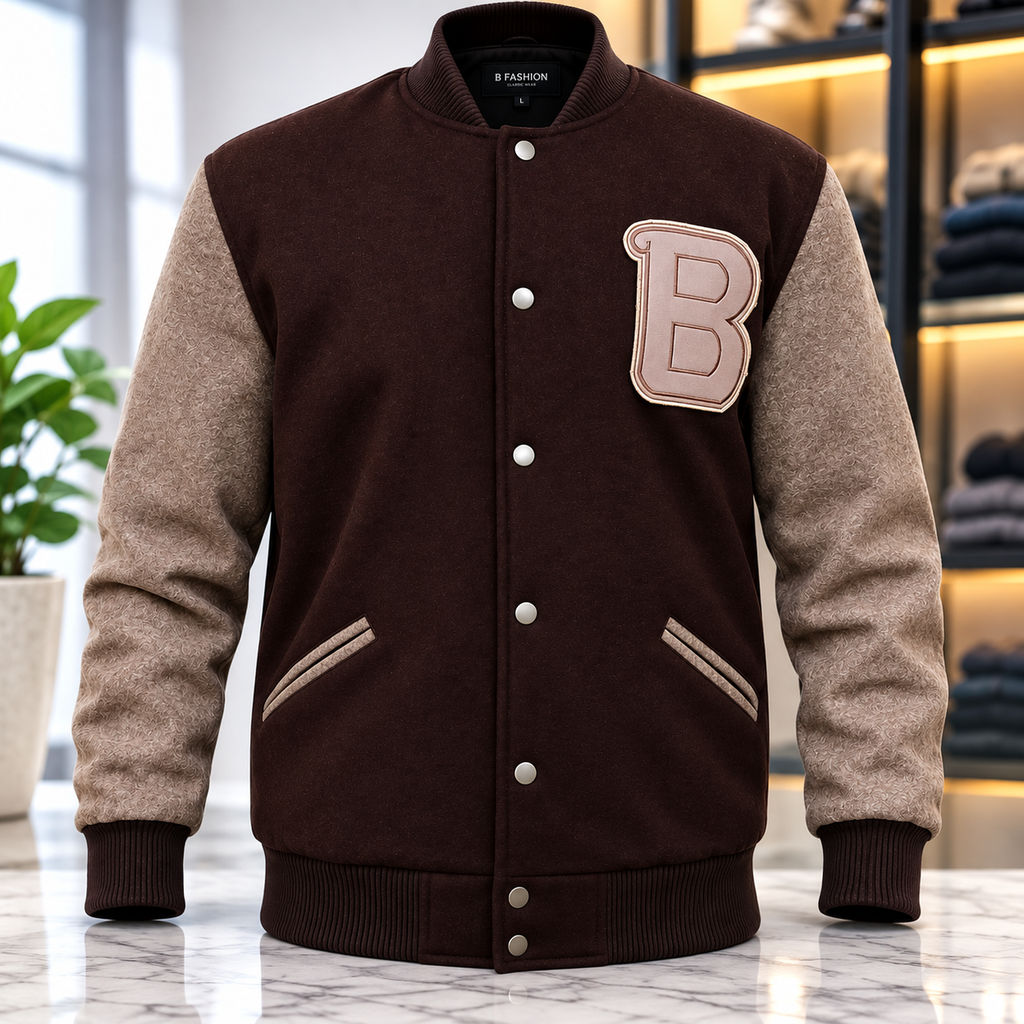 **Title:** Brown & Tan Varsity Letterman Jacket with Classic “B” Patch, Ribbed Trim & Snap Closure