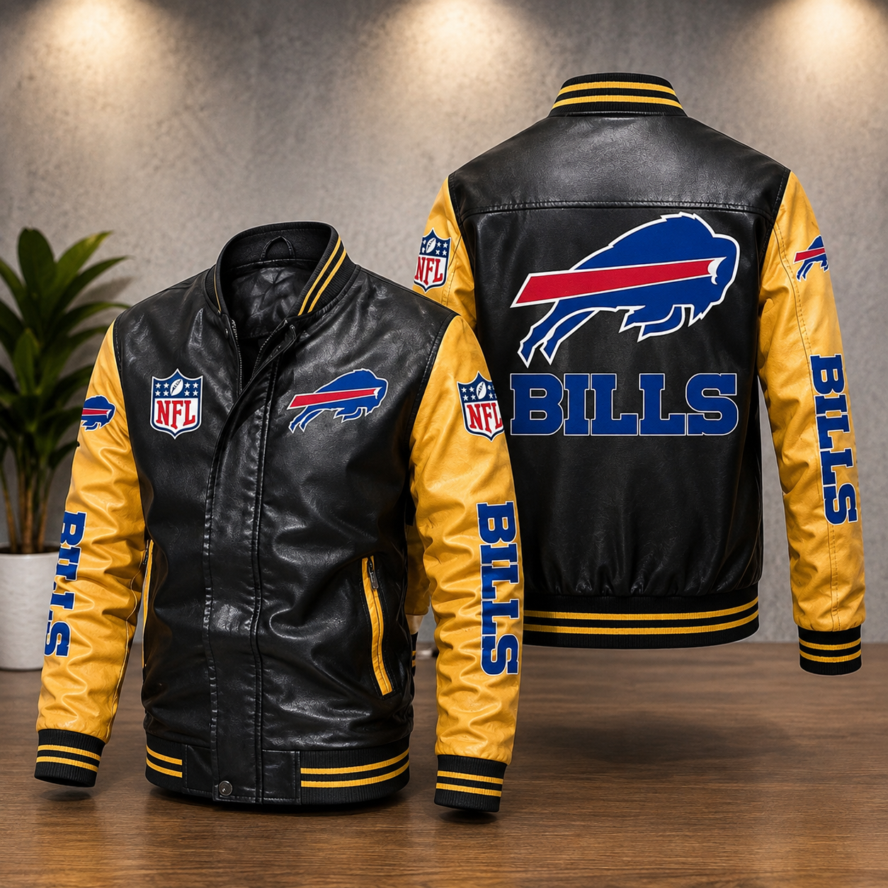 Buffalo Bills Leather Varsity Jacket – Black & Gold NFL Fan Bomber Jacket