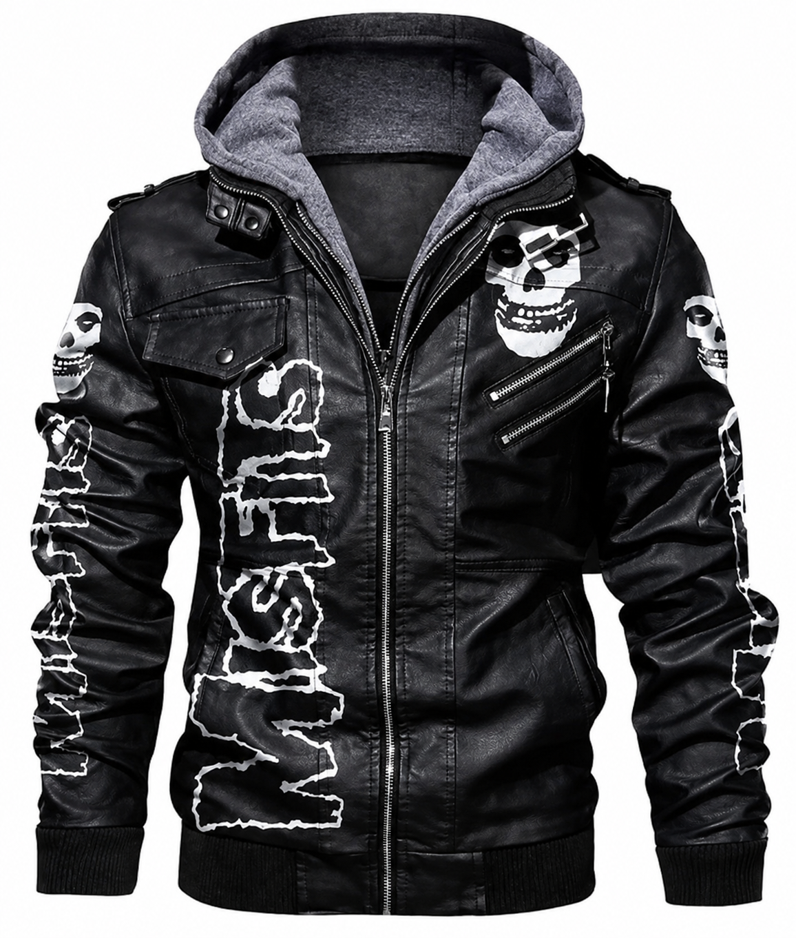 **Men's Black Faux Leather Skull Graphic Print Hooded Motorcycle Jacket**