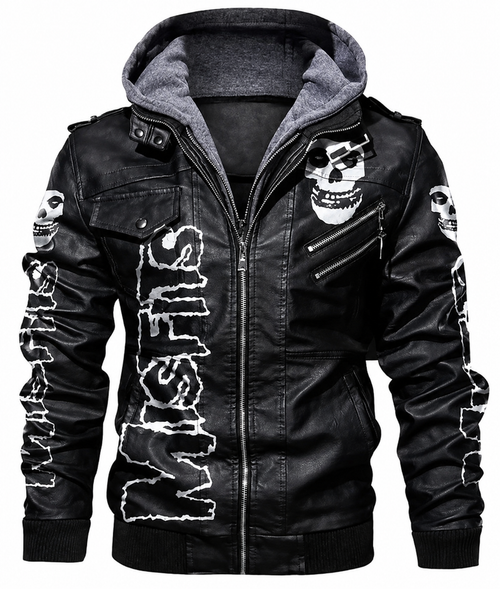 **Men's Black Faux Leather Skull Graphic Print Hooded Motorcycle Jacket**