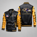 Men's Black & Gold Leather Varsity Jacket – Football Style Bomber Jacket with Embroidered Team Design