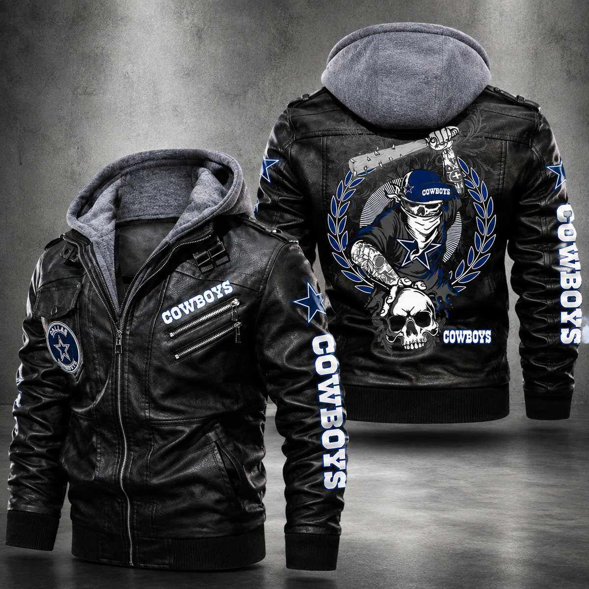 Dallas Cowboys Hooded Faux Leather Jacket Black Full Zip NFL Fan Motorcycle Biker Coat**
