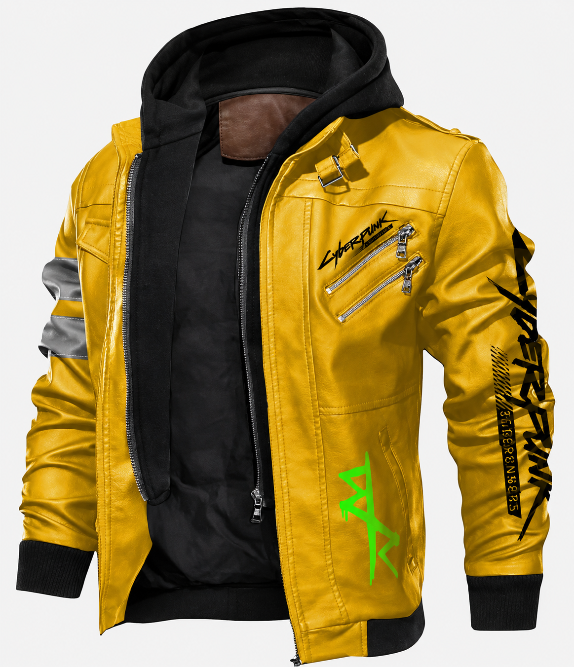 **Men’s Yellow Leather Jacket with Black Hood – Cyberpunk Motorcycle Style Biker Jacket**
