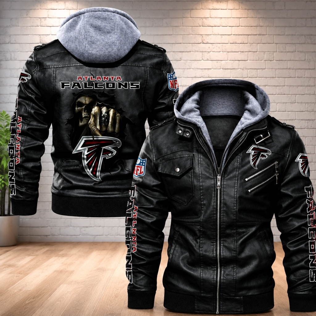 Atlanta Falcons Hooded Faux Leather Jacket Black Full Zip NFL Fan Motorcycle Biker Coat**