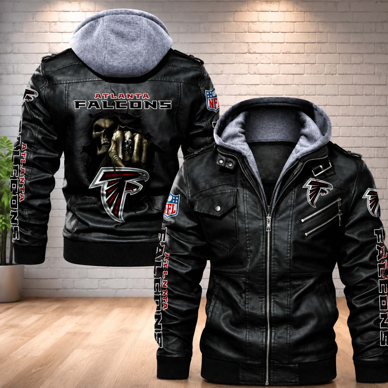 Atlanta Falcons Hooded Faux Leather Jacket Black Full Zip NFL Fan Motorcycle Biker Coat**