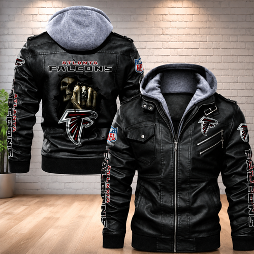 Atlanta Falcons Hooded Faux Leather Jacket Black Full Zip NFL Fan Motorcycle Biker Coat**